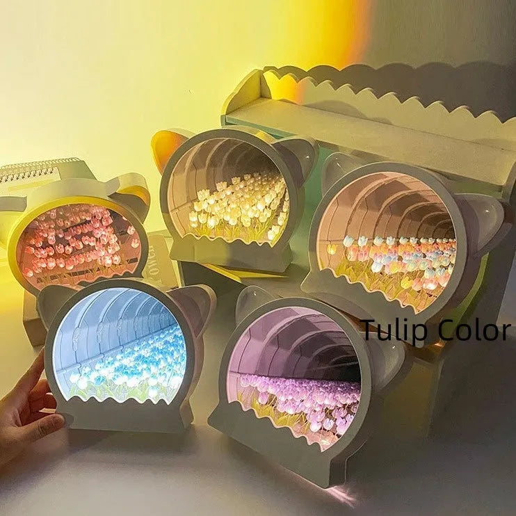DIY cat head-shaped night lamp covered with handmade tulip flowers in various colours