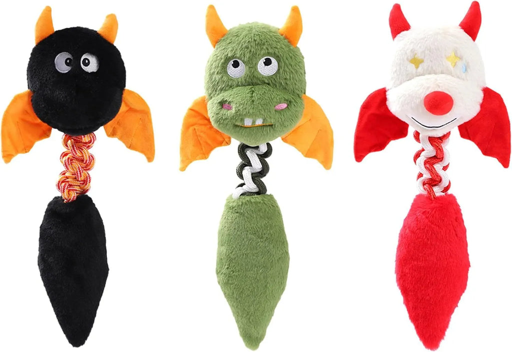 Large black plush dog toy with a cartoon shape, featuring a rope knot and measuring 44cm.