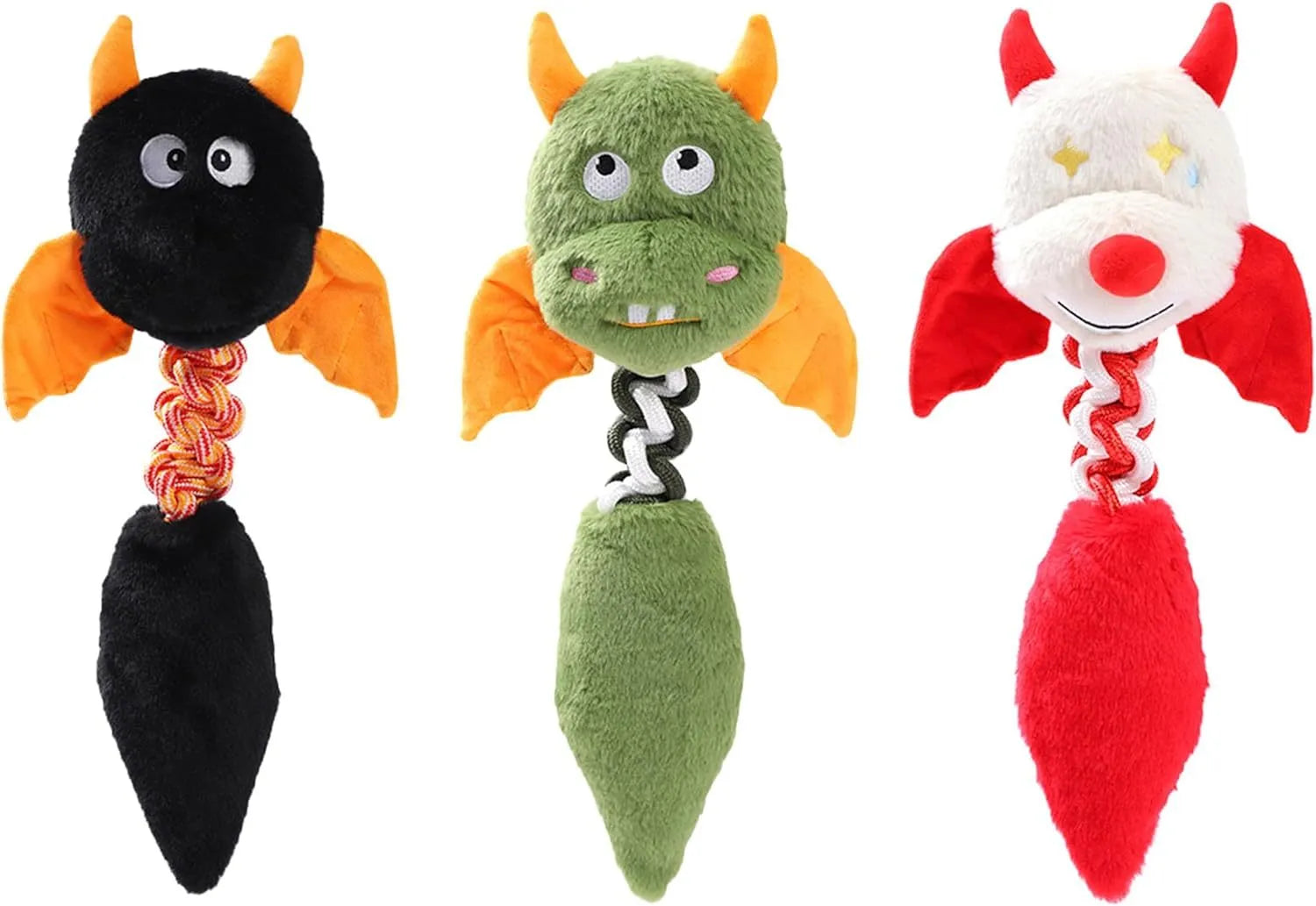 Large black plush dog toy with a cartoon shape, featuring a rope knot and measuring 44cm.