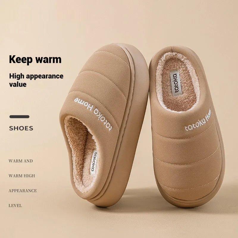 Waterproof plush cotton slippers with non-slip EVA sole and artificial wool lining, unisex adults
