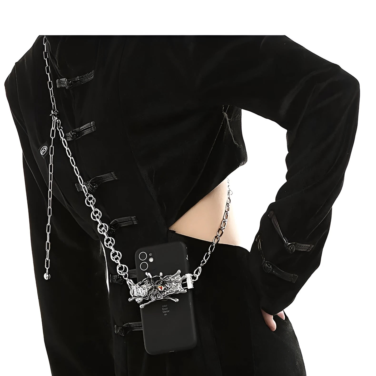 Spider moonstone alloy phone charm with electroplated silver finish and insect pattern pendant on chain.