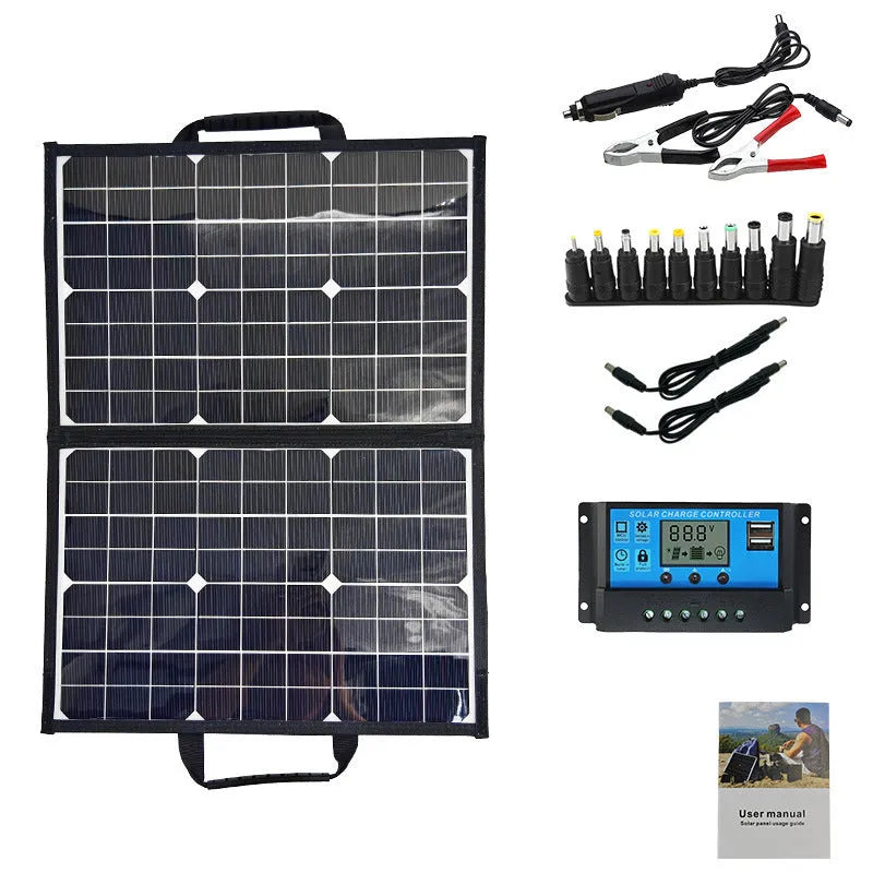 Black polyester folding bag containing a 40W single-crystal solar panel for portable outdoor charging