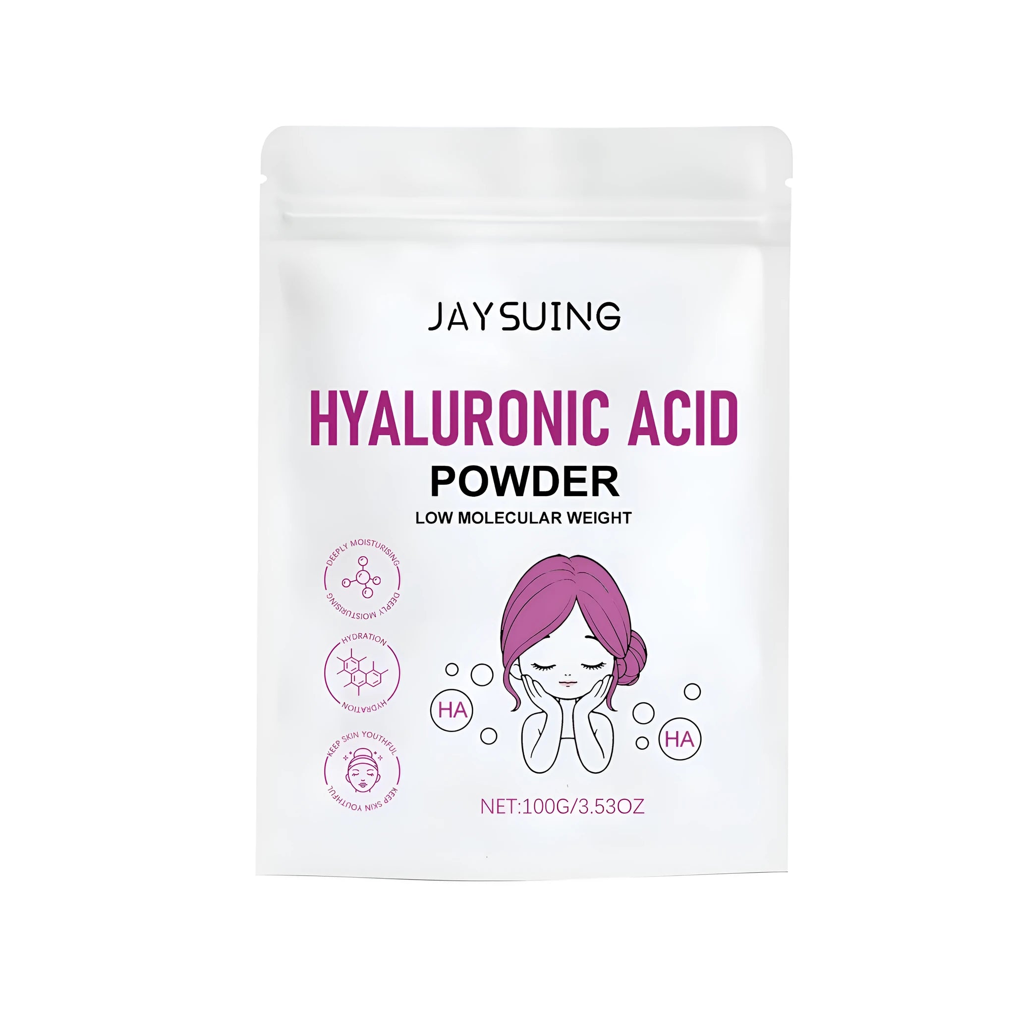 A 100g jar of hyaluronic acid powder for DIY facial mask mixing.