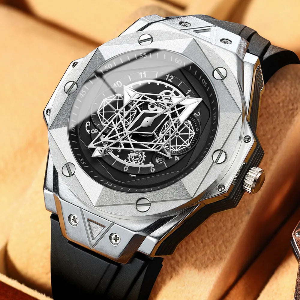 Men's waterproof silicone quartz watch with black leather band and black stainless steel surface