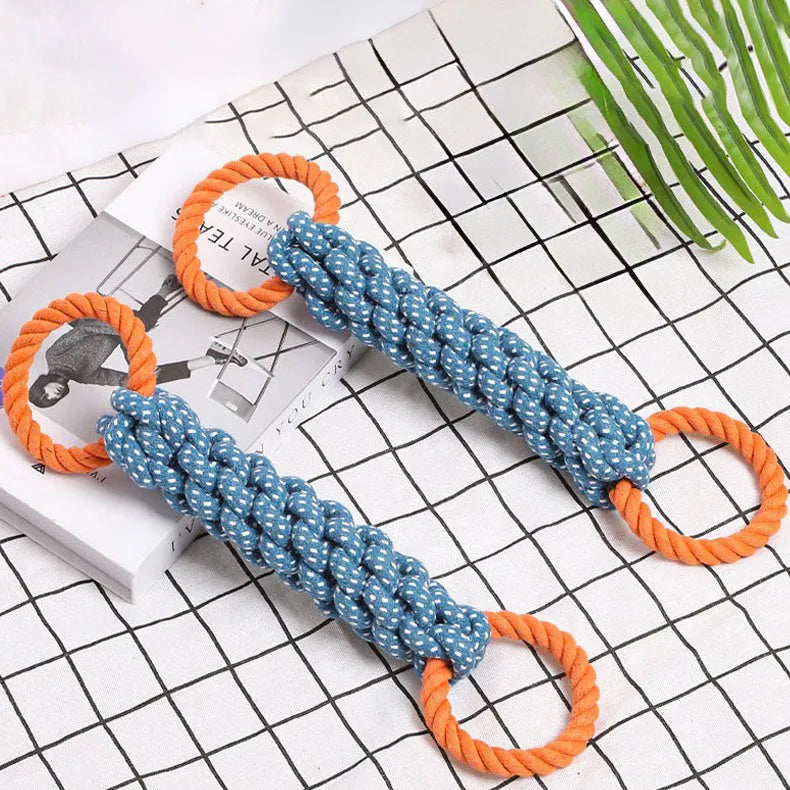 Blue braided cotton dog chew toy with double rings and bone shape, 37cm long