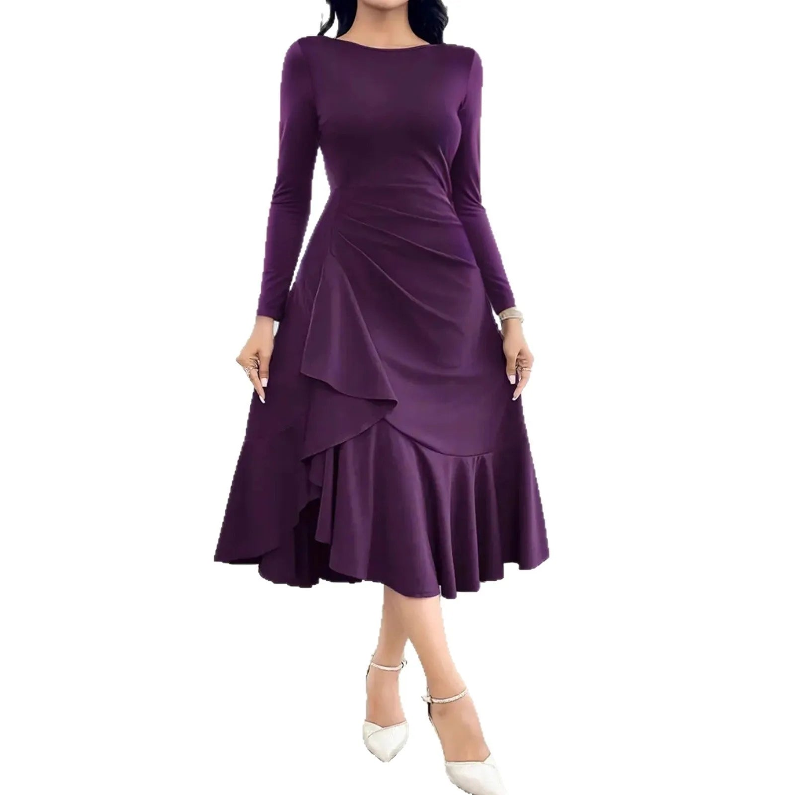 Purple women's long sleeve round neck dress with mid waist and ruffle detail.