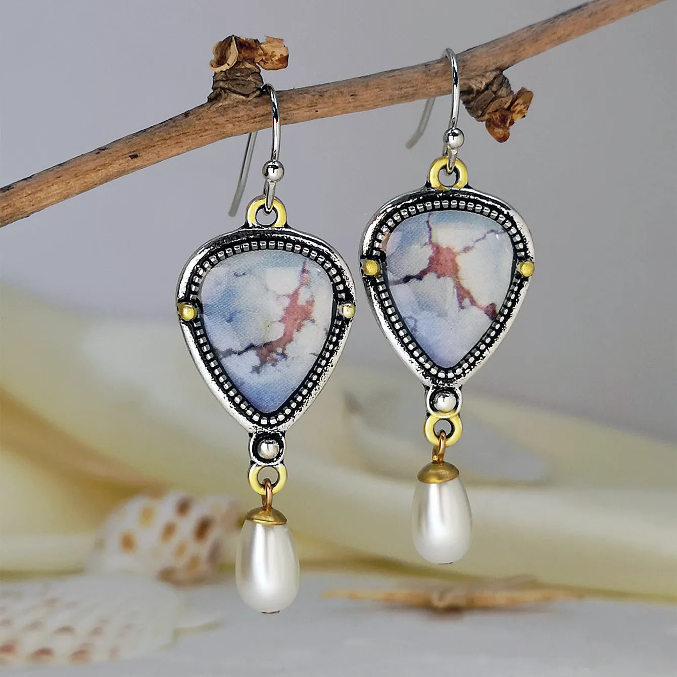 Women's retro blue Bohemian drop earrings with geometric shape and synthetic opal-pearl accents