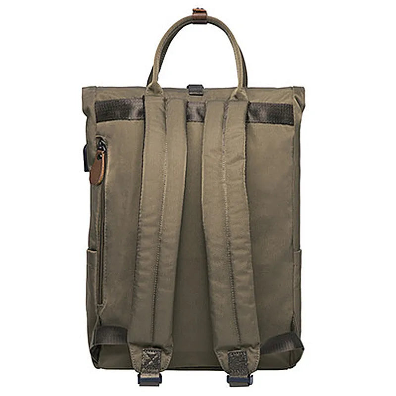 Casual polyester backpack with cover opening showing interior computer compartment and zipper pocket