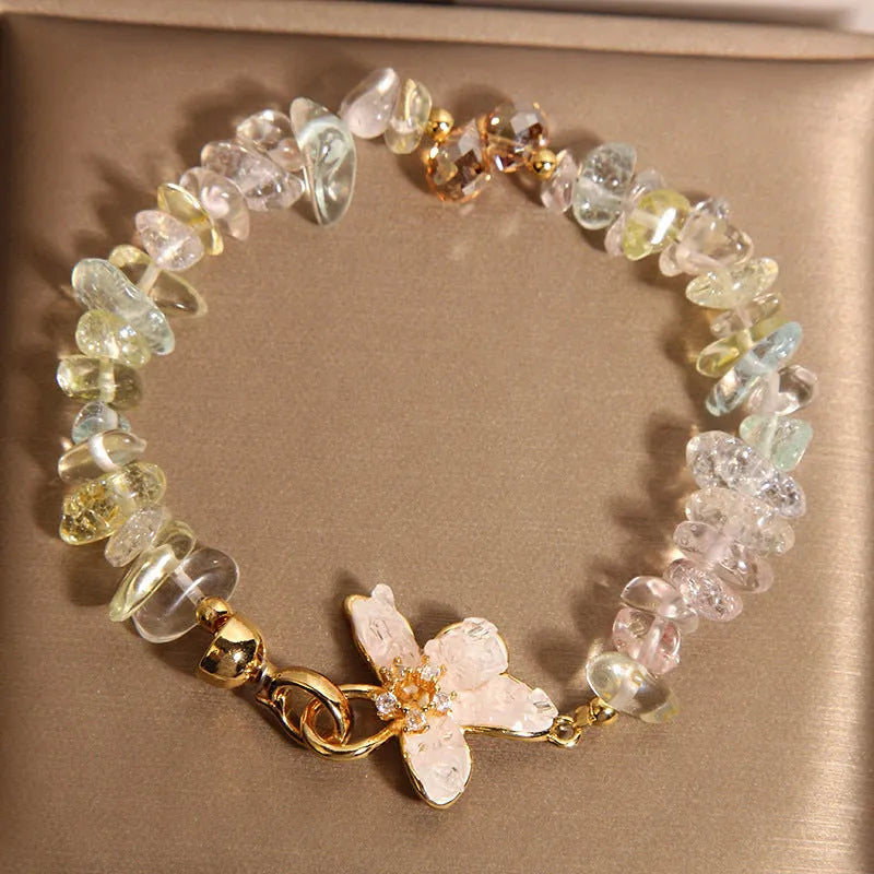 Crystal gravel wisteria flower bracelet in purple with alloy inlay and artificial gemstone details for women