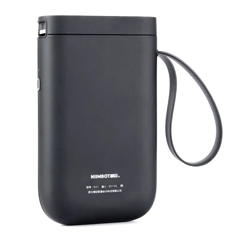 D11 Bluetooth thermal label printer in black, compact 108x76x30mm, with label paper roll