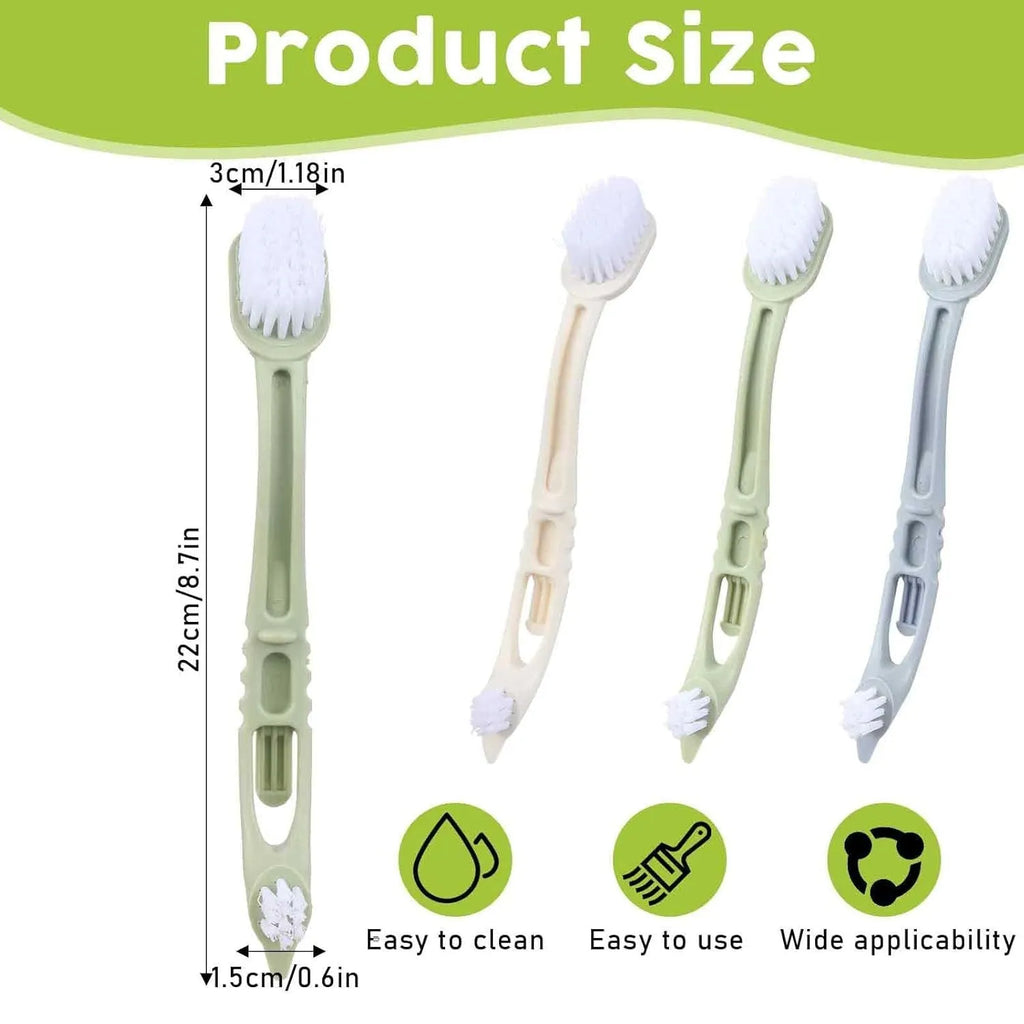 Bird cage cleaner with two plastic brush heads on a long handle in beige, blue, and green colours
