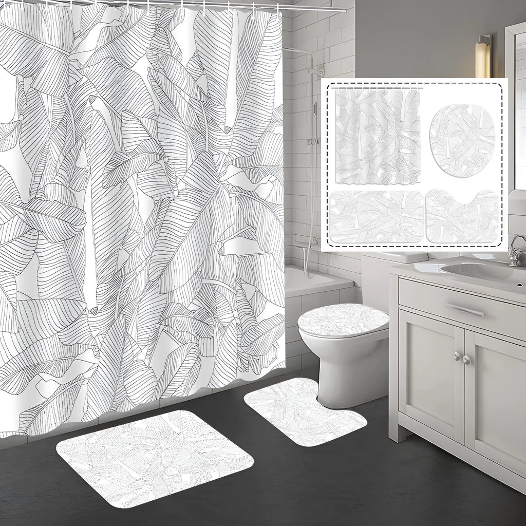 Bomi printed polyester shower curtain and anti-slip floor mat set in modern simplicity style, multiple colours