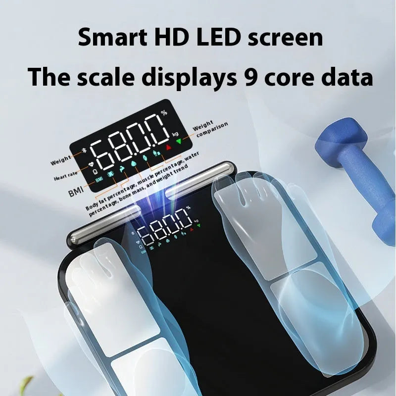 Black electronic weighing scale with tempered glass platform and colour screen displaying body metrics.