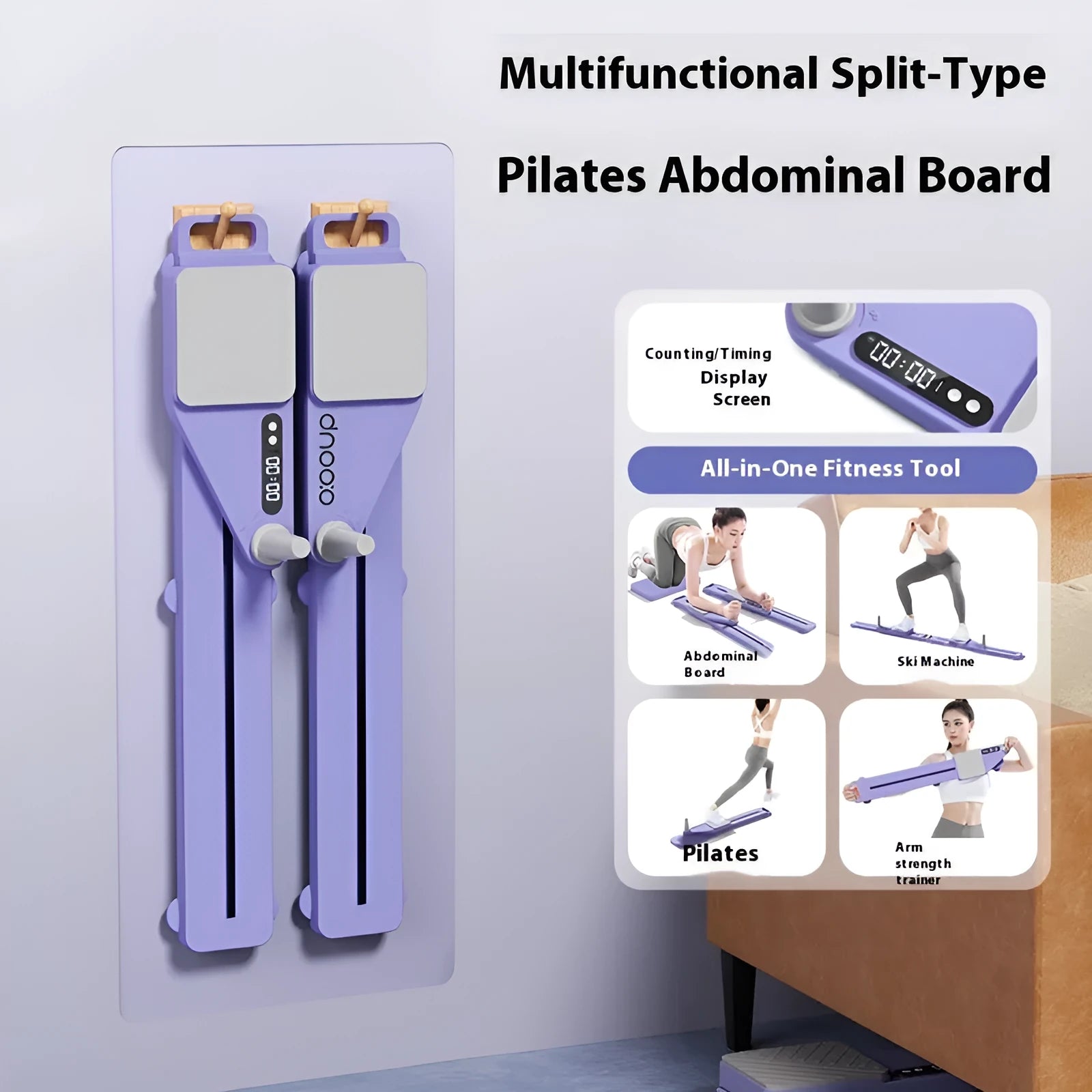 Split Multifunctional Skiing Machine Trainer in purple, showing 85cm long PP board for home exercises.