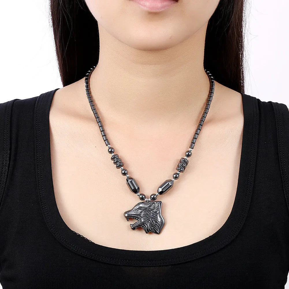 Copper wolf head pendant necklace with electroplated finish on adjustable water wave chain, colour LKNTRSN048