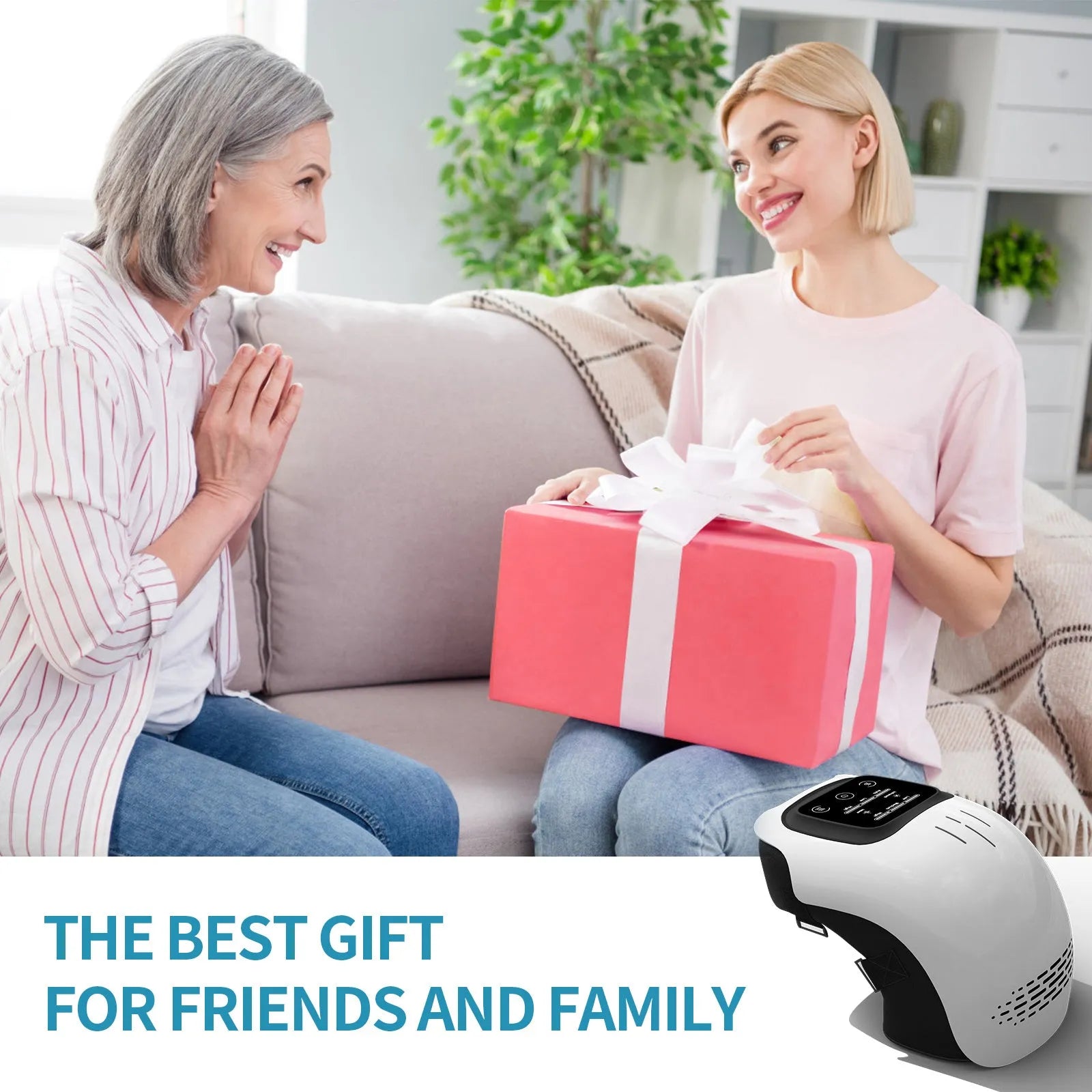 White intelligent electric knee massager with wrap-around design and USB cable