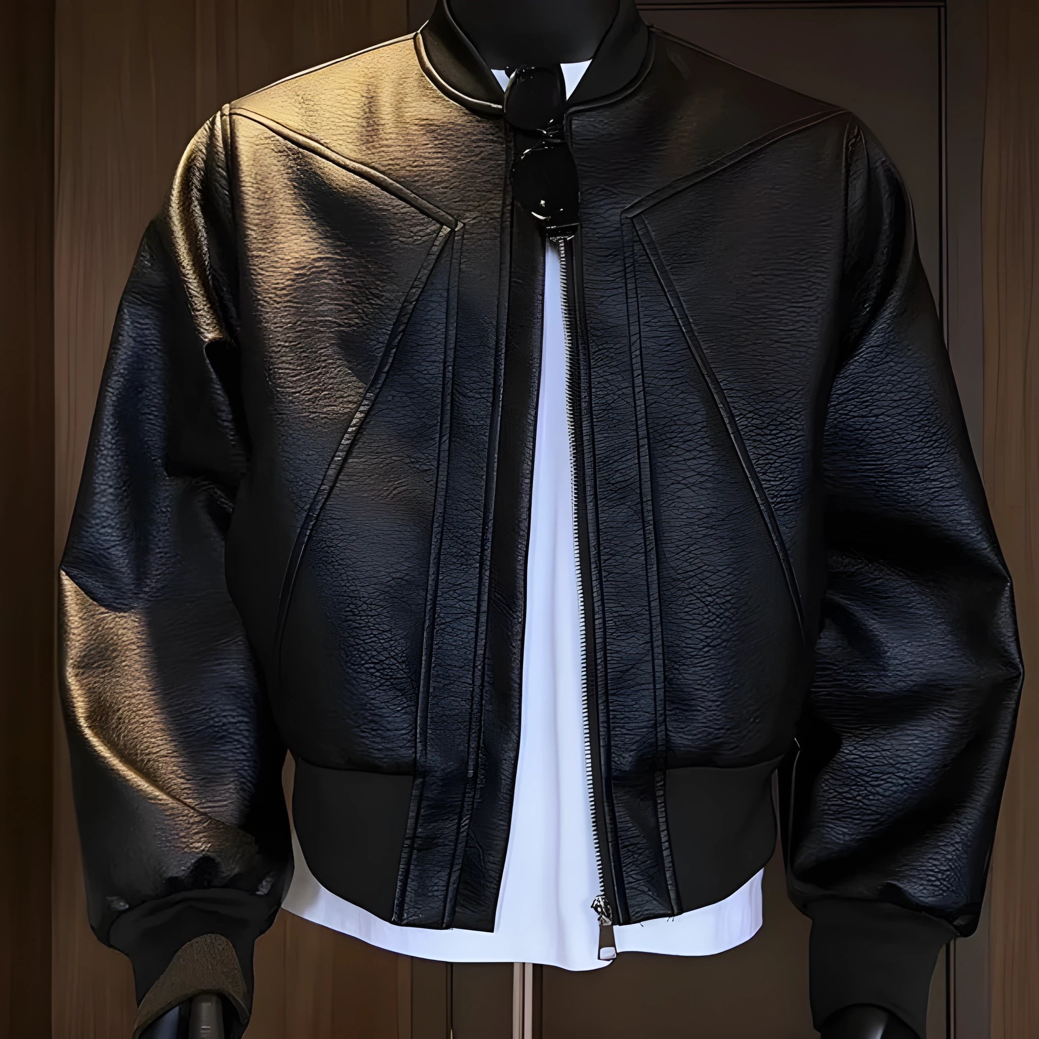 Men's black PU leather motorcycle-style jacket with an extended length and tight fit on a hanger.