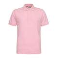 Men's solid colour short sleeve polo shirt with lapel collar on a hanger, loose fit.