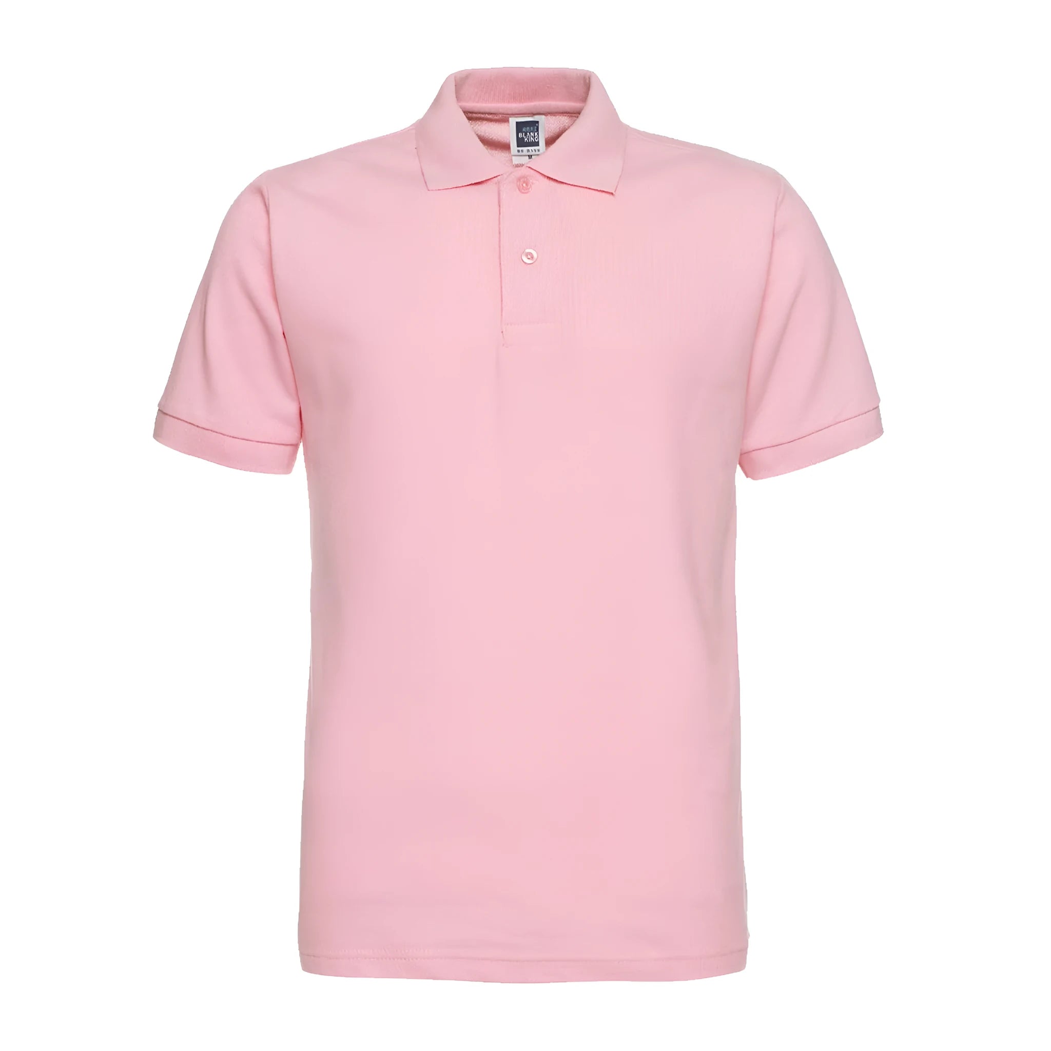 Men's solid colour short sleeve polo shirt with lapel collar on a hanger, loose fit.