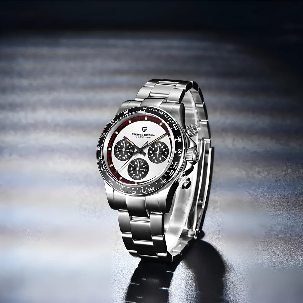 Berjani men's chronograph watch with black dial and stainless steel bracelet showing chronograph subdials