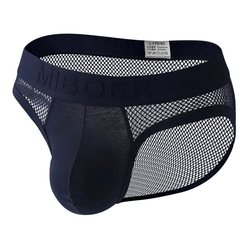 Men's solid colour mesh briefs with low elastic waistband in black, white, pink, red, and blue.