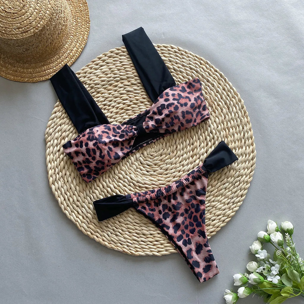 Bikini leopard print tube top split women's suit set in C3534 black or leopard print
