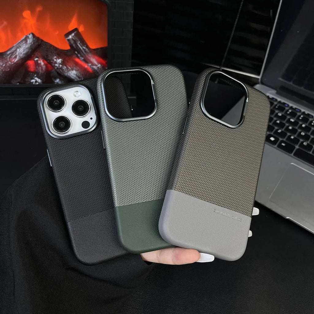 Magnetic iPhone case with dragon scale texture and leather stitching in black colour