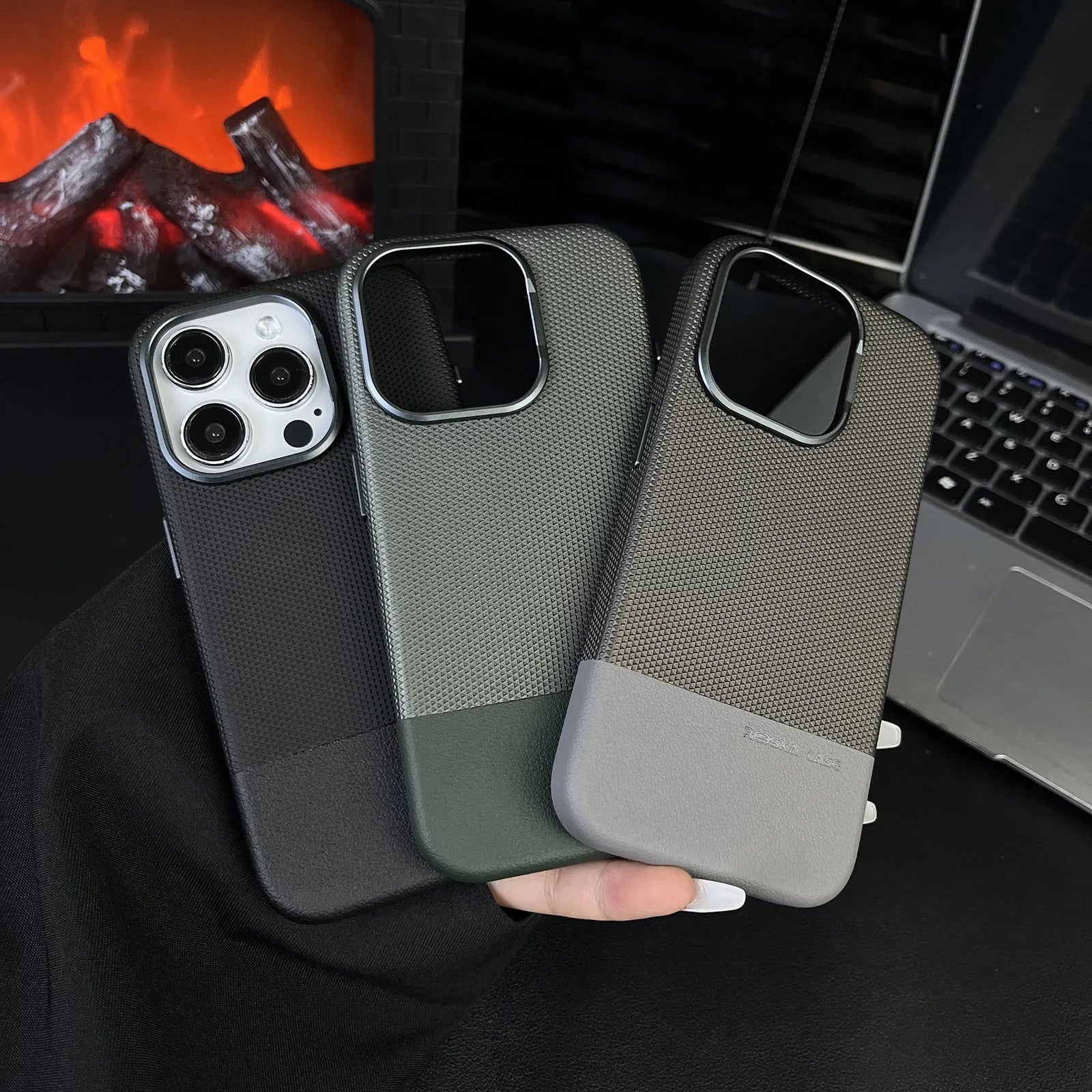 Magnetic iPhone case with dragon scale texture and leather stitching in black colour