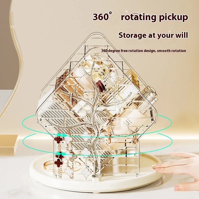 Clear plastic rotating makeup storage box organiser with 360-degree spin base on a dressing table.