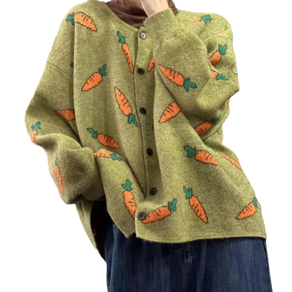 Women's loose grey cardigan with white Mori artistic forest pattern print and colour contrast details.