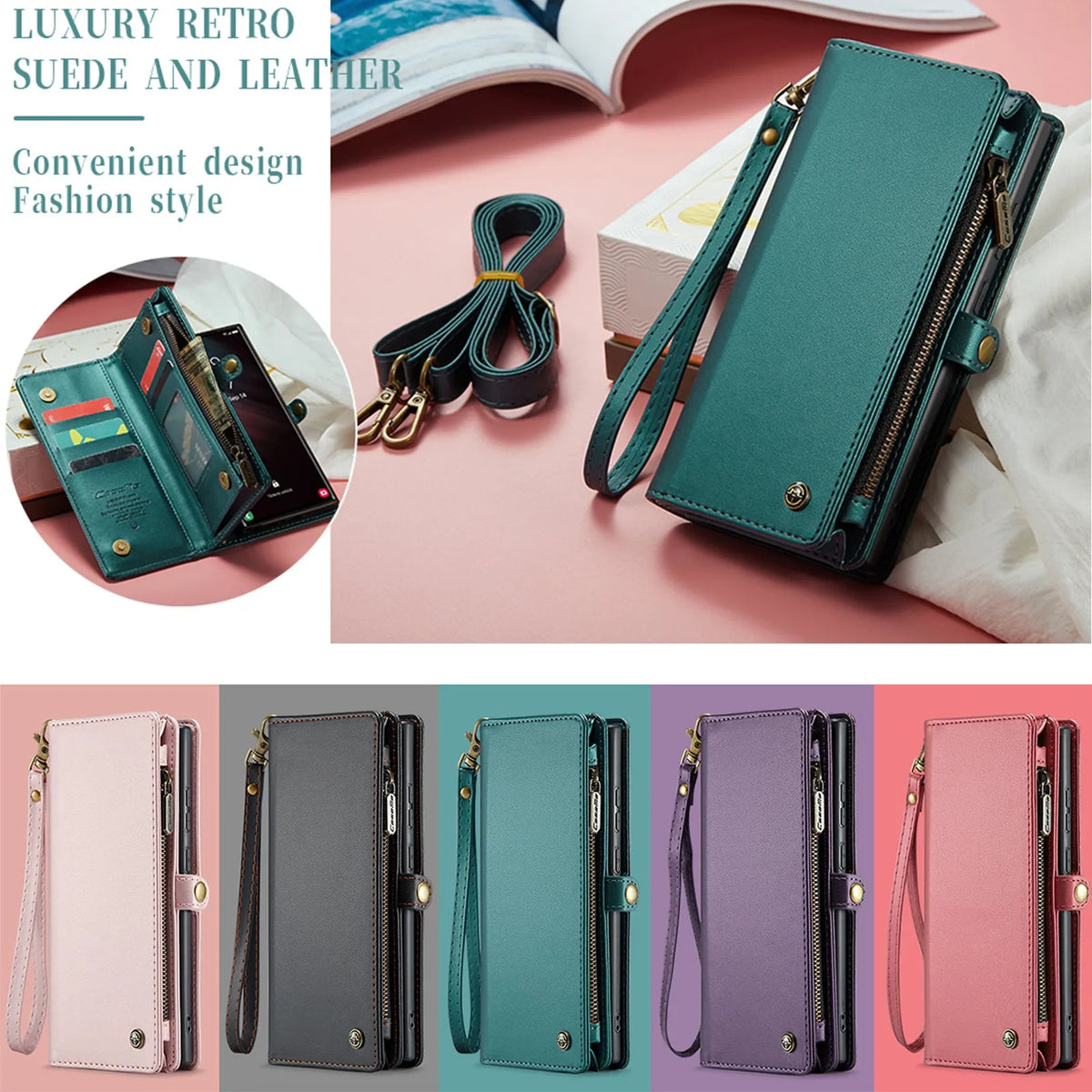 Wallet phone case with card slots, bracket, and lanyard in black, red, pink, purple, or peacock green