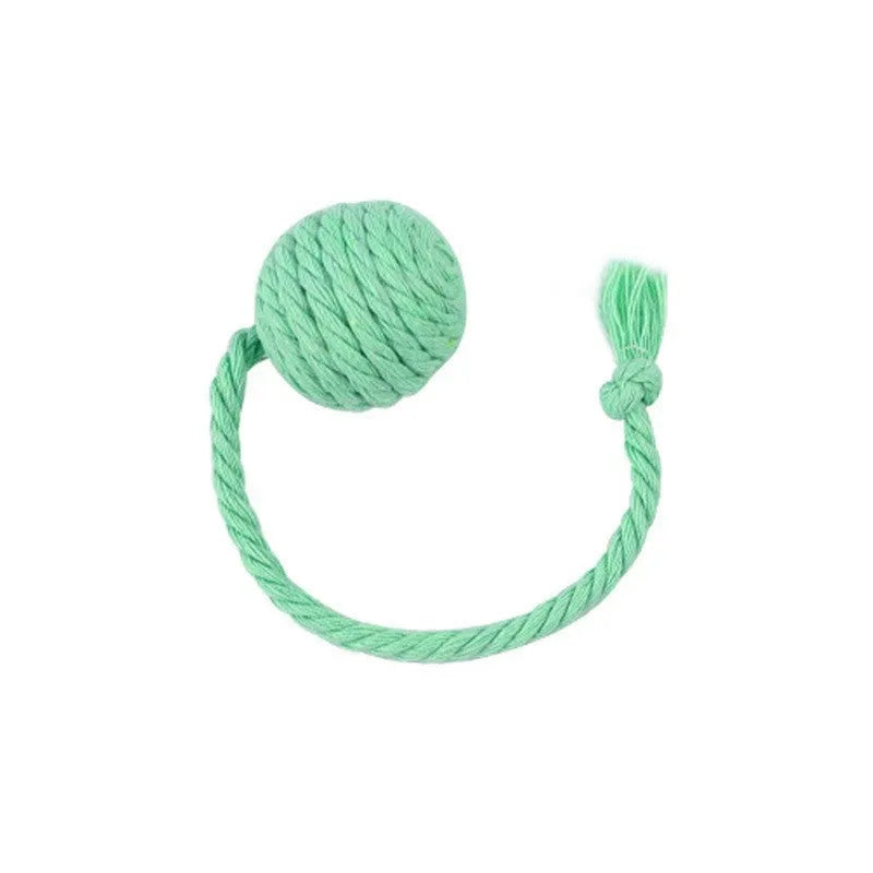 Cat toy ball with rope attached in green, pink, purple or yellow colour with internal bell