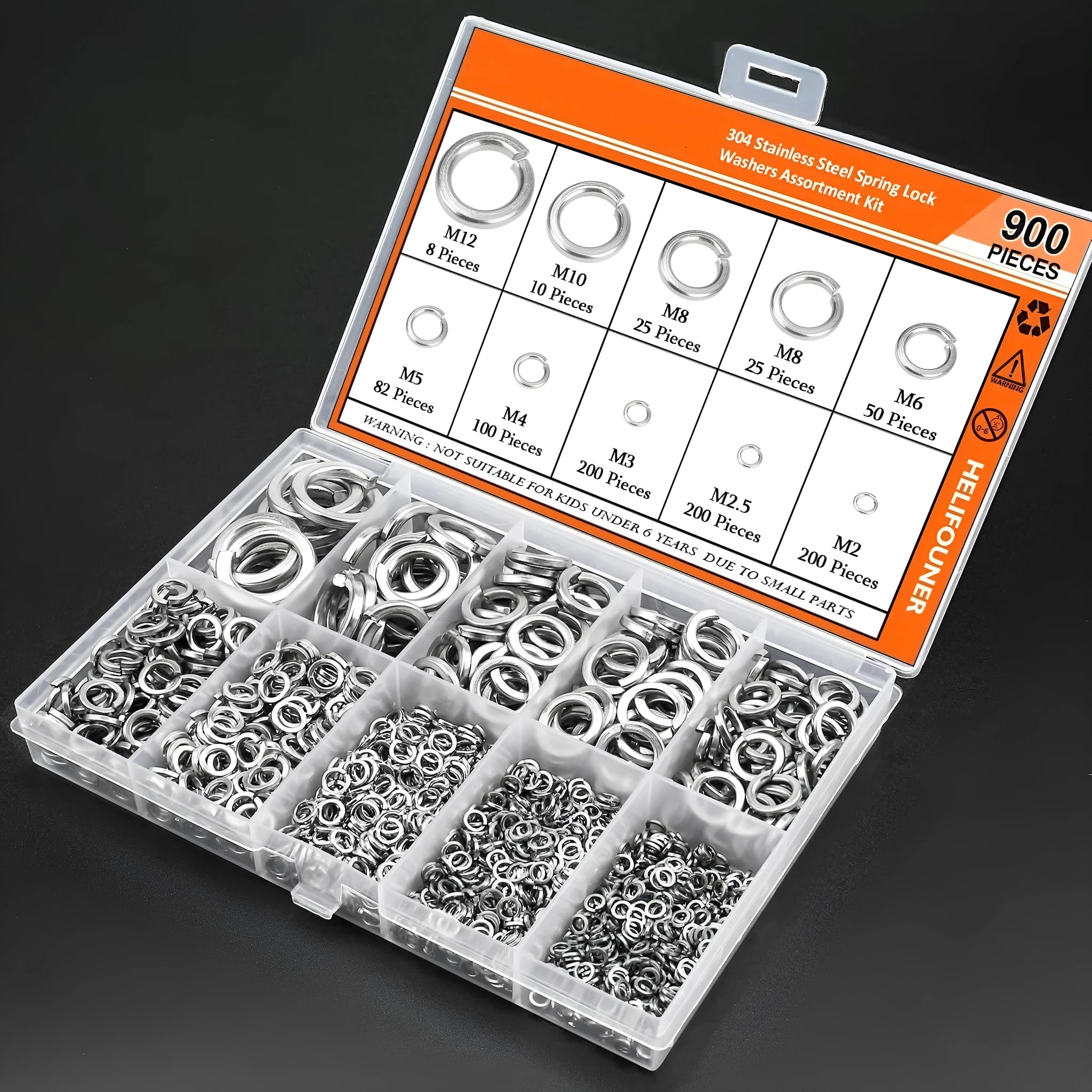 Open box showing assortment of 304 stainless steel spring lock washers in various sizes from 2-12mm inner diameter.