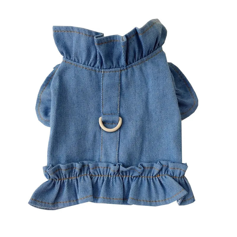 Denim blue dog dress with ruffles vest and integrated harness for small dogs