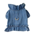 Denim blue dog dress with ruffles vest and integrated harness for small dogs