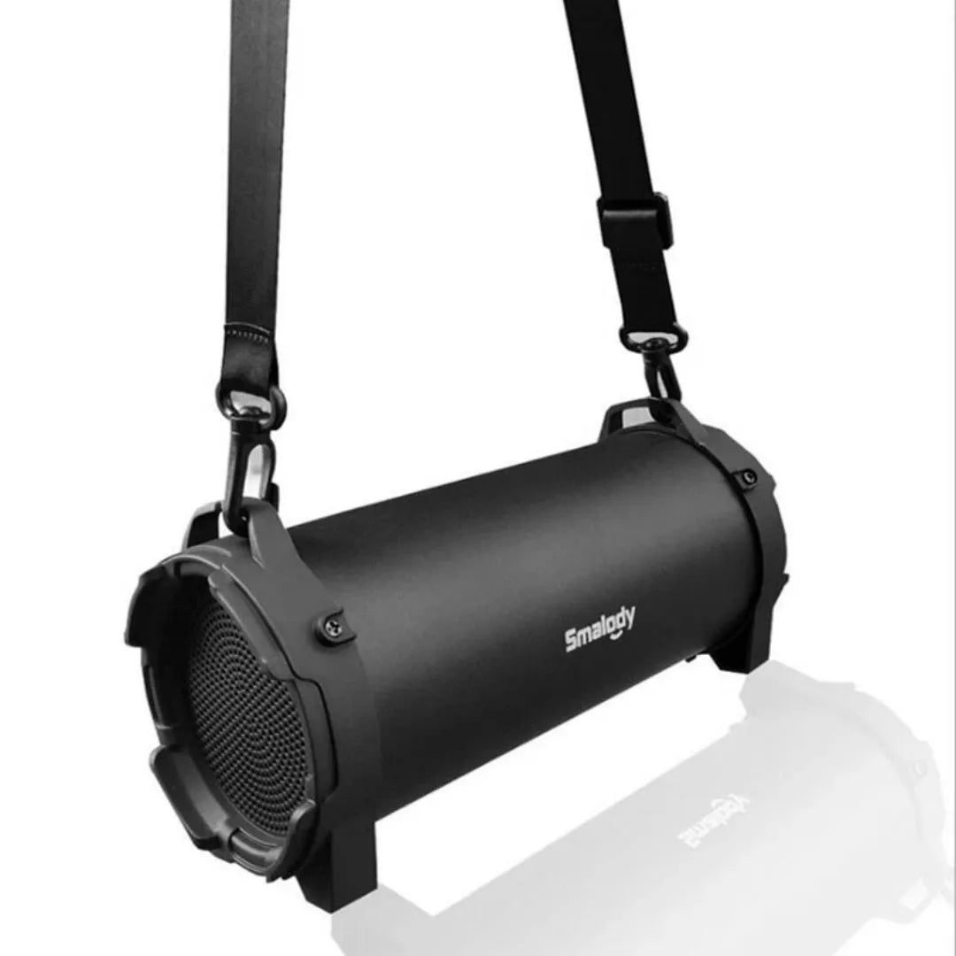 Black portable 8W Bluetooth speaker with card insertion and call function, supplied with suspender
