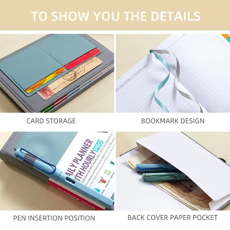 Undated notebook with PU cover in various colours, open to show 80g wood-free paper and thread binding.