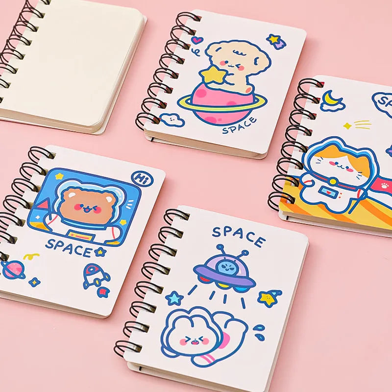Astronaut Series pocket flipper notebook showing 10.5 by 8 cm size with choice of four space-themed cover designs.