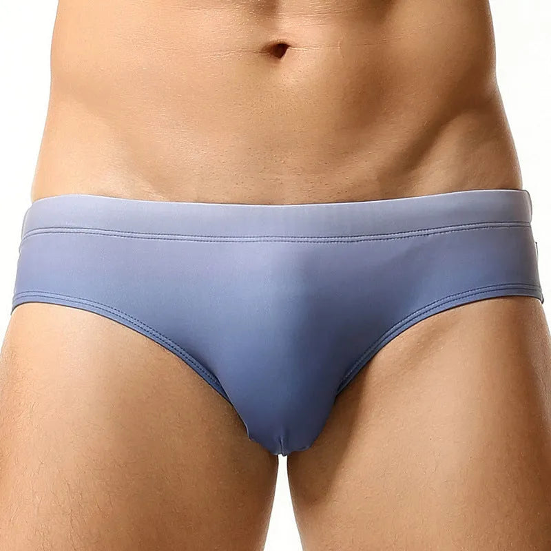 Men's solid colour polyester triangle swim trunks in Blue, Gray, Green, Rose Red, sizes M to XXL