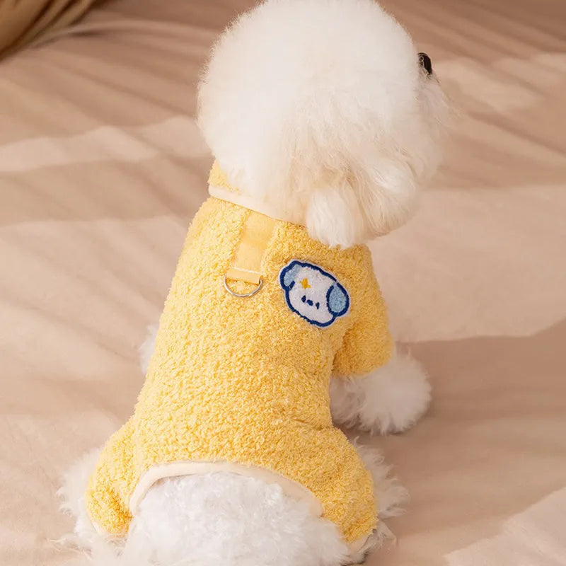 Thick plush yellow dog pajamas one-piece cartoon suit for small dogs winter pet clothes