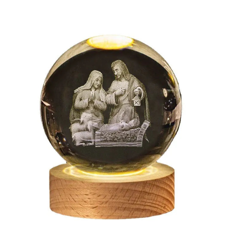6cm white crystal ball desk ornament with laser-engraved cross design on a solid wood warm light base.