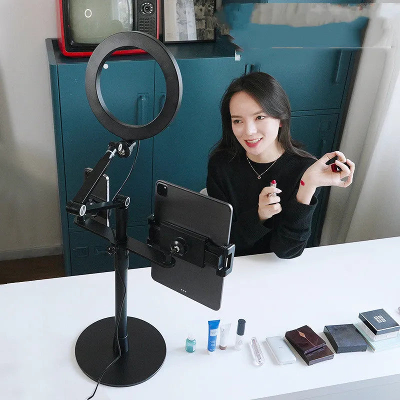 Black floor-standing mobile phone tablet stand with fill light and folding rotation mechanism