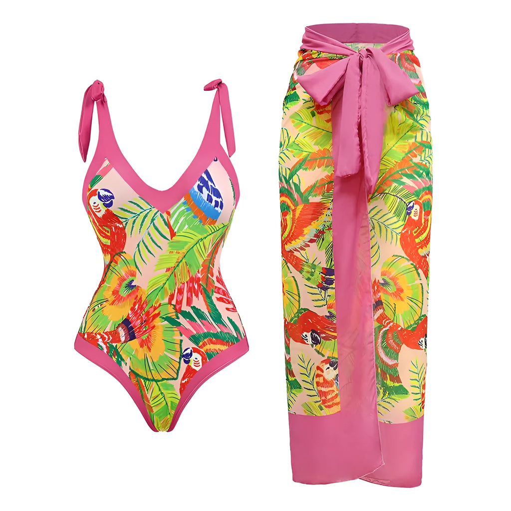 Women's solid colour one-piece swimsuit with spaghetti straps and a separate skirt.