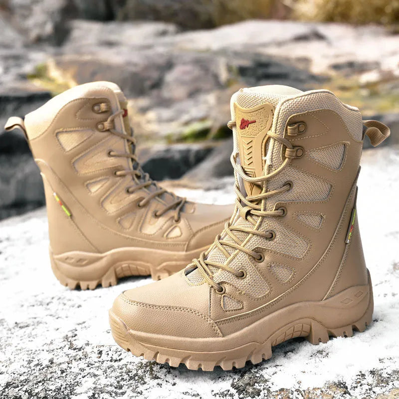 Men's hi-top hiking shoes in cowhide leather for climbing, running and camping activities