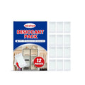 Pack of 12 white calcium chloride desiccant sachets for household moisture absorption.