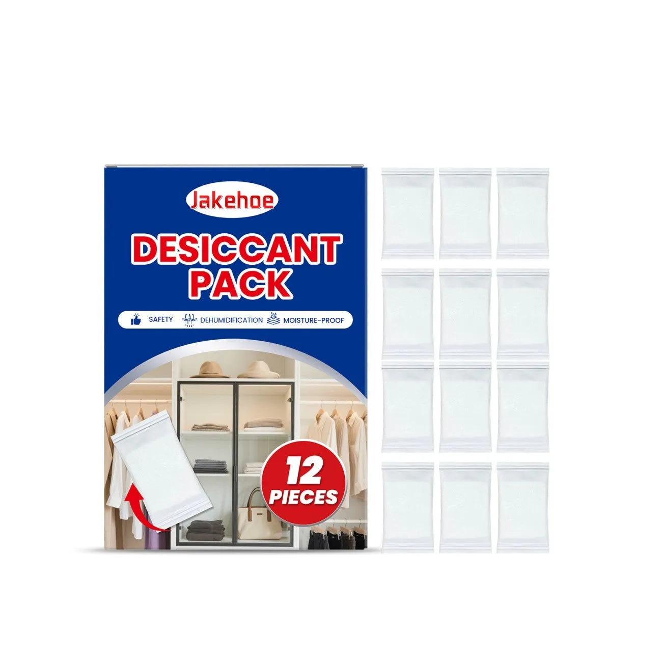 Pack of 12 white calcium chloride desiccant sachets for household moisture absorption.