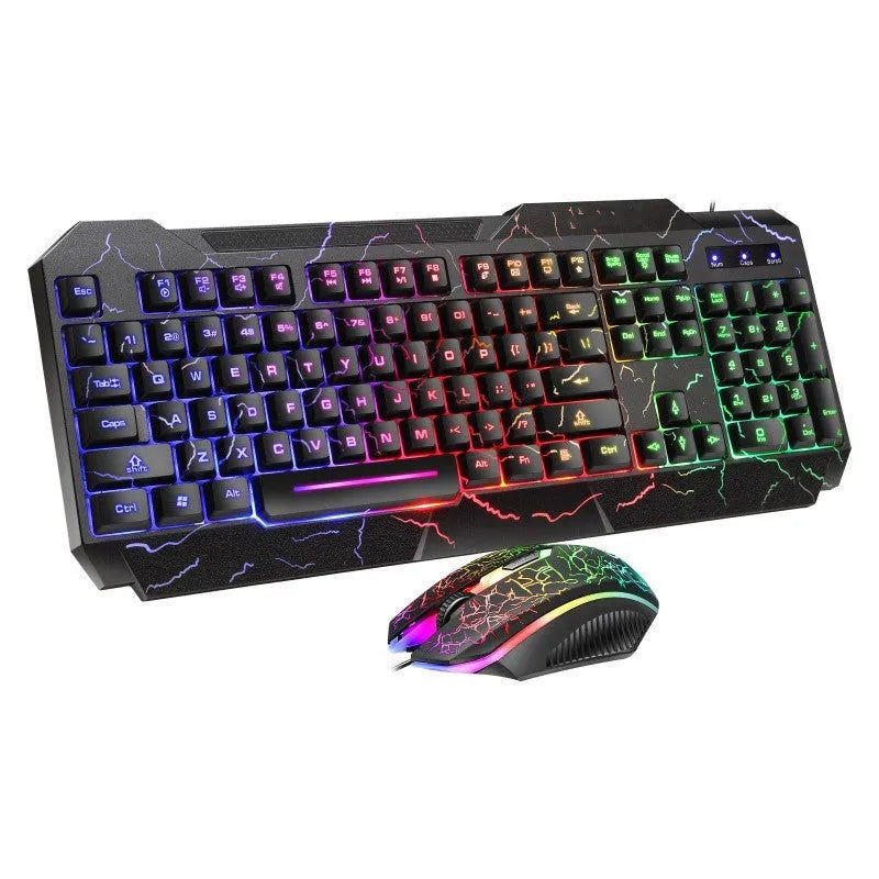 Crackle Word keyboard and mouse set with colourful backlit cracked panel design and multimedia keys
