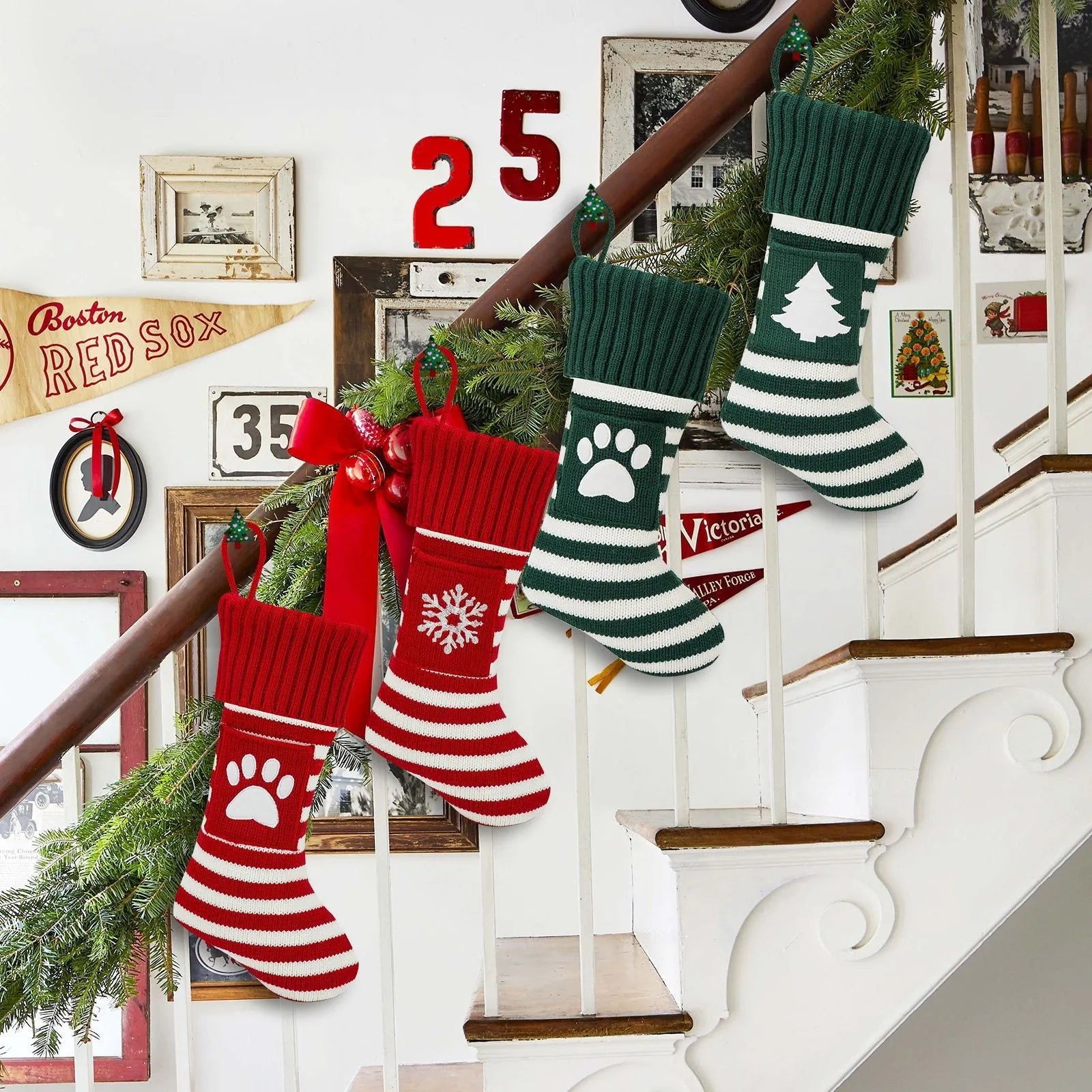 Knitted Christmas cat and dog socks gift bag in red dog's paw colour, with festive knit pattern