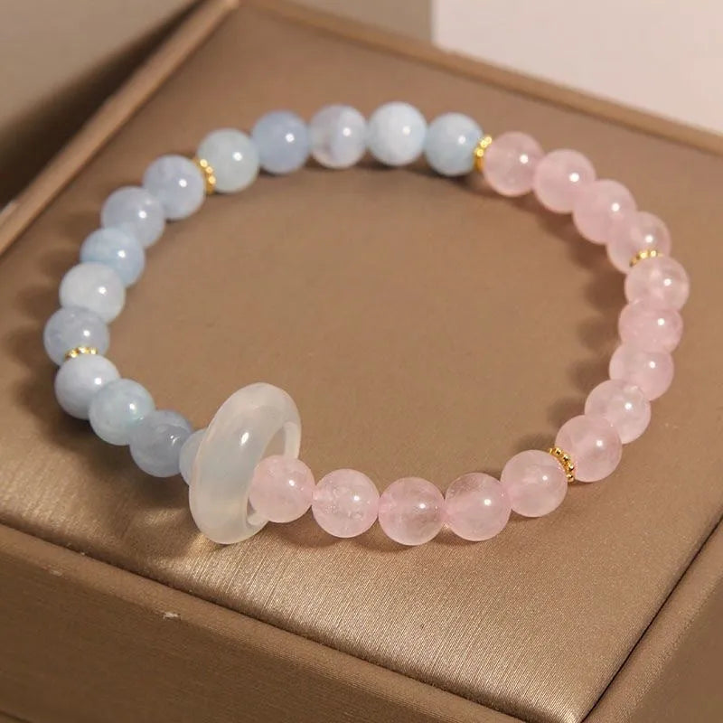 Handmade aquamarine crystal bracelet for women in pink blue and imitation pearl, round geometric shape, light luxury dopamine style
