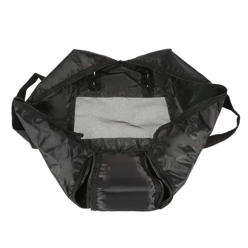 Black 420D Oxford fabric cat washing and medicine feeding bag, shown folded and unfolded.